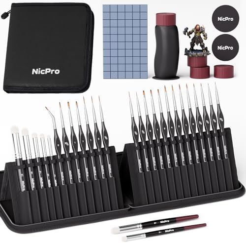 Nicpro Professional Miniature Painting Kit - 25PCS Miniature Paint Brushes Drybrush with Magnetic Painting Handle, Model Paint Brushes for Miniatures, Model, Craft, Acrylic Painting, with Nylon Bag