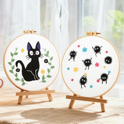 Cat Embroidery Starter Kit for Beginners Adults, Animal Stamped Cross Stitch Kit for Adult Beginner, Hand Embroidery Needlepoint Kits, 2 Set Embroidery Supply, 2 Hoops (Attached Video Tutorial)
