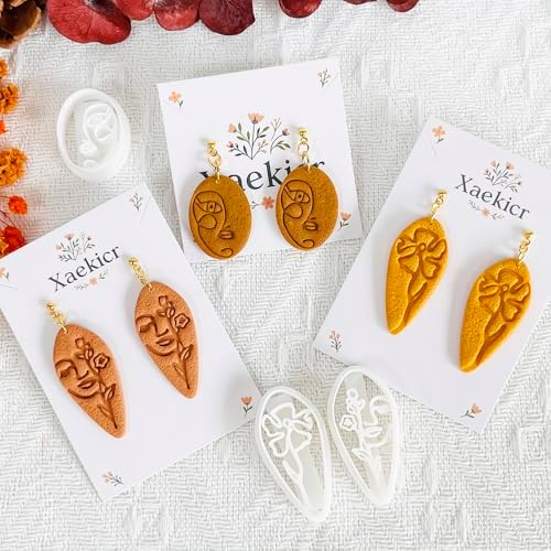 Xaekicr Abstract Face Polymer Clay Cutters Set – 3PCS Clay Earring Cutters with Floral Line Design – Embossed Polymer Clay Molds for DIY Jewelry and Crafts