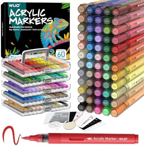 WUO 60 Colors Acrylic Paint Markers Brush Tip with Automatic Ink Control