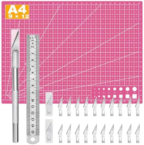 Self Healing Sewing Mat, Exacto Knife Precision Carving Craft Hobby Knife Kit for DIY Art Work Cutting, Hobby, Stencil, Scrapbooking-A4 (Pink)