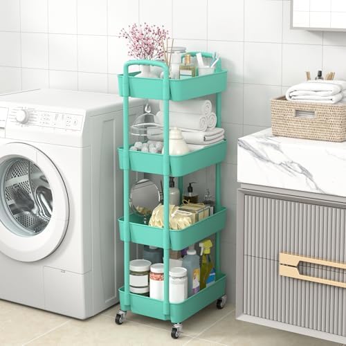 Sywhitta 4-Tier Plastic Rolling Utility Cart with Wheels for Storage,Green