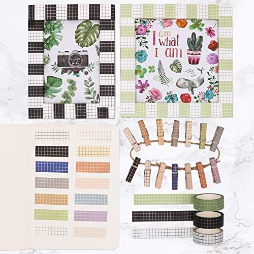 Knaid Grid Washi Tape Set, 14 Rolls of 15 mm Wide Decorative Colored Masking Tapes for Scrapbooking, DIY Decor and Crafts, Bullet Journals, Planners, Junk Journal, Gift Wrapping