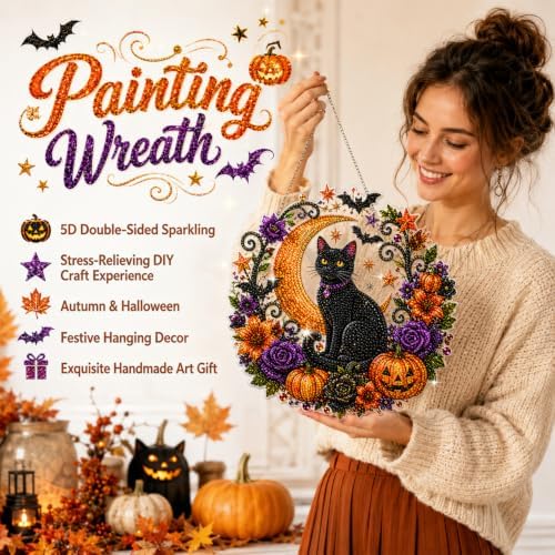 Silkivana Halloween Black Cat Moon Diamond Art Hanging Ornament Kit, Double Sided Faceted Rhinestone Suncatcher, DIY Window Hanging Pendant Decor for Indoor & Outdoor Home Wall Craft