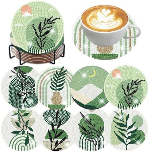ijbnhd 8 Pcs Leaf Diamond Art Coasters Kit, Diamond Painting Coasters