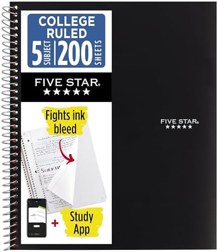 Five Star Spiral Notebook + Study App, 5 Subject, College Ruled Paper, 8-1/2" x 11", 200 Sheets, Fights Ink Bleed, Water Resistant Cover, Black (72081)