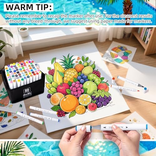 Alcohol Brush Tip Markers, 80 Colors Dual Tip Art Marker Set with Carrying Case, Perfect for Coloring Illustration, Adult Book Drawing, Sketching, Painting