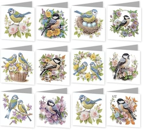 C'eitura 12Pcs Bluebird Diamond Art Painting Greeting Card Kit with Envelopes, DIY Bird Theme Christmas Birthday Thanksgiving Card Making Set, Nature Inspired Handmade Card Craft