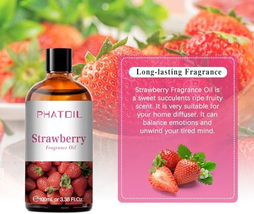 PHATOIL Strawberry Fragrance Oil for Diffuser Aromatherapy 3.38FL.OZ | Long Lasting Scented Oils For Humidifier, Air Freshener, DIY Soap Candle, Scent Project Making, Aroma Oil for Home Freshening