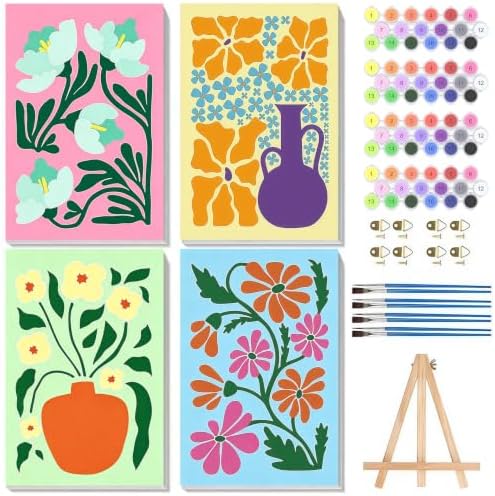 4 Pack Framed Flowers Paint by Numbers Kits for Adults with Easel (8x12in)