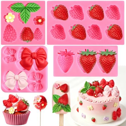 Strawberry Silicone Mold 4Pcs 3D Strawberry Fondant Mold