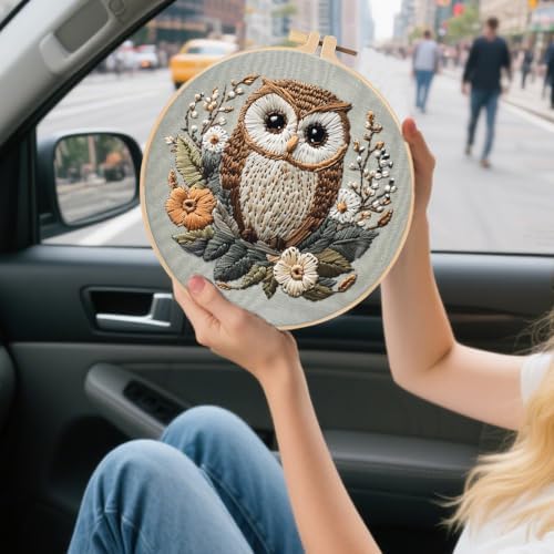 FONNUY Embroidery Kit for Beginners, Owl Flowers Pre-Stamped Pattern Kits for Adults with Hoop, Easy to Follow Color Thread Needlework, 8'' Hoop (Brown)