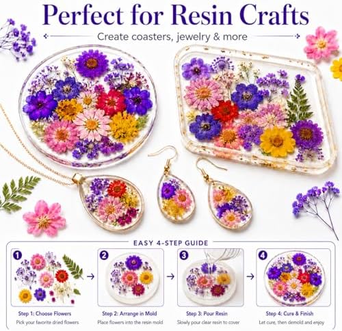 70 pcs Dried Flowers for Resin, Natural Flowers and Leaves Kit with Tweezers， Vacuum Sealed DIY Pressed Flowers for Jewelry Molds, Candle Soap Making, Scrapbook, Nail Art (Colorful-C)