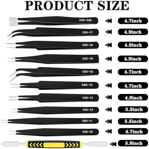 11 PCS Precision Tweezers Set, ESD Tweezers Set, Premium Craft Tweezers Kit, Anti-Static Stainless Steel Tweezers with Tweezer Storage Bag for Lab, Electronics, Jewelry, Laboratory Work, DIY