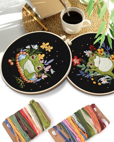 TINDTOP 2 Pack Embroidery Kit for Adult, Embroidery DIY Starter Kit, with Stamped Patterns, Hoop, Tools, Colorful Threads with Needles, Instructions (Frog)
