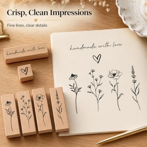 6pcs Wooden Rubber Floral Stamps Set, Crafting, Scrapbooking