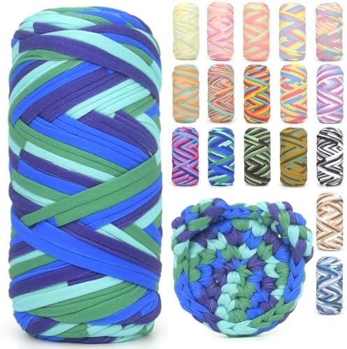 Tshirt Yarn for Crocheting,Rainbow T Shirt Chunky Elastic Fabric Thick T-Shirt Crochet Yarn for Beginners Crocheting Hand Knitting Bag/Basket/Coasters/DIY Crafts/Home Decor 200G-Purple Blue Green