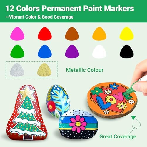 Oil Based Paint Pen, Permanent Paint Marker: Quick-Dry, Waterproof Marker Set of 12 for Rock Painting, Glass, Fabric, Ceramic, Wood, Metal, Mug, Plastic, Stone, Christmas Art Craft Supplies Kit