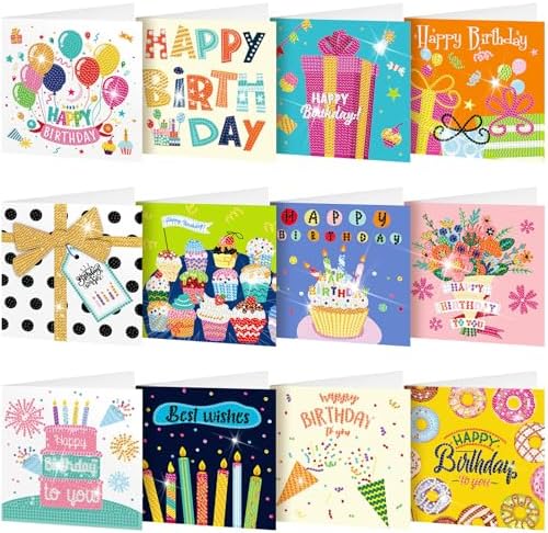 Saillong 12 Pack Happy Birthday Diamond Painting Greeting Card Kits DIY Diamond Art Cards with Envelopes Birthday Cake 5d Rhinestones Painting Kits for Adults DIY Crafts Family Friend Gifts