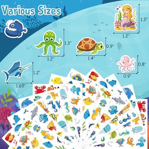 LINAYE 48 Sheets Ocean Stickers for Kids, 1040 Pcs Waterproof Under The Sea Fish Animal Stickers Ocean Under The Sea Party Favors Decorations Crafts for Kids