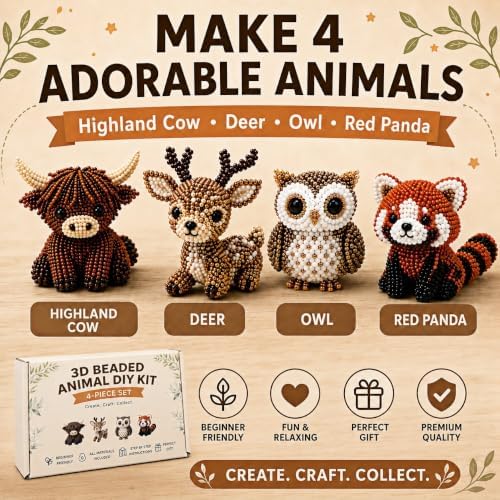 3D Beaded Animal DIY Kit, 4 Piece Craft Set for Adults Teens Beginners, Make Highland Cow Deer Owl Red Panda, Animal Art Project with Color Beads Thread Storage Box Instructions, Gift for Crafters
