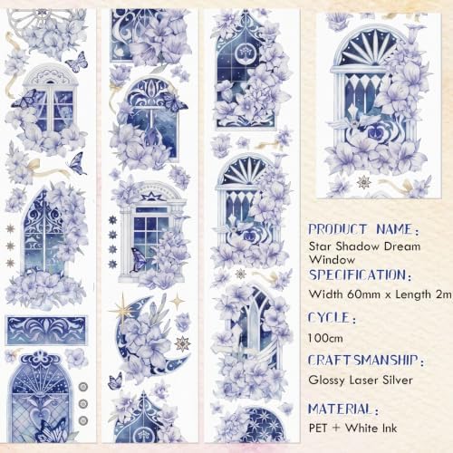 Sitsink PET Tape for Journal Scrapbooking - Gothic Window Purple Flowers PET Tape Stickers for Crafts Junk Journal Supplies Notebook Scrapbook DIY Decor Ornament