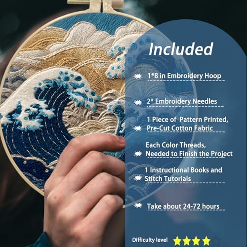 FONNUY Embroidery Kit for Beginners, Stormy Sea Wave Flowers Pre-Stamped Pattern Kits for Adults with Hoop, Easy to Follow Color Thread Needlework, 8'' Hoop (Blue)