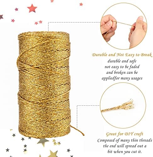 jijAcraft 656 Feet Gold String Twine - 1.5mm Metallic Ornament Thread Gift Wrapping - Inelastic Macrame Glitter Twine Cord for Gift Wrapping, DIY Crafts, Bracelets