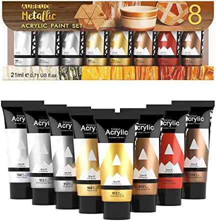 AUREUO Metallic Acrylic Paint Set 8 Colors x 0.71 Fl Oz / 21ml Tubes