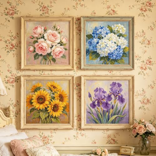 Canrichshop 4 Pack Retro Paint by Numbers for Beginner with Frame,Flowers Adult Paint by Number Kits on Canvas, DIY Number Painting for Adults for Decor 8X 8 inch