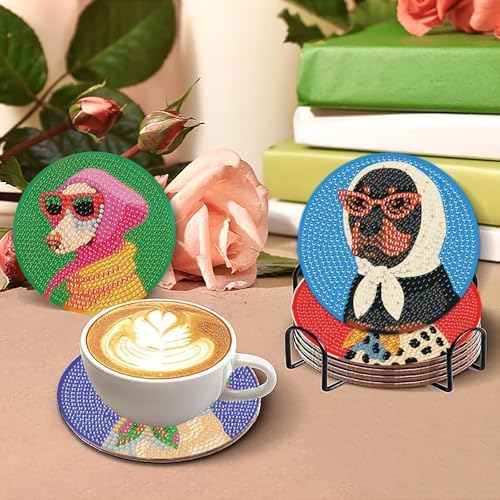 8 Pcs Dog Diamond Painting Coasters Kits with Holder,Dog Wearing Glasses Diamond Art Coasters with Wooden Pad,DIY Round Drill Rhinestone Painting Art Kit Craft for Adults Supplies Gift 4X4 Inch.
