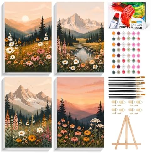 AUKELHJ 4 Pack Framed Paint by Numbers Kit for Adults, Nature, 8x12 inch | Paint by Number for Adults, Beginner Friendly, Framed Canvas, Easel Included, Fun and Relaxing, Gifts Box, Home Wall Decor