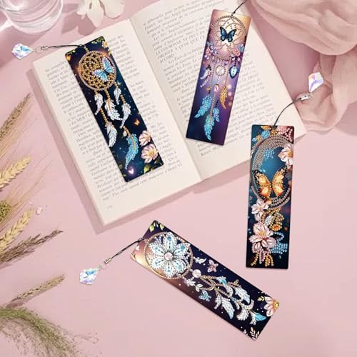 4 Pack Diamond Painting Bookmarks for Adults, 5D DIY Diamond Art Bookmark Kit with Tassels, Rhinestone Craft Supplies for Reading Lovers, Dreamcatcher & Butterfly Designs