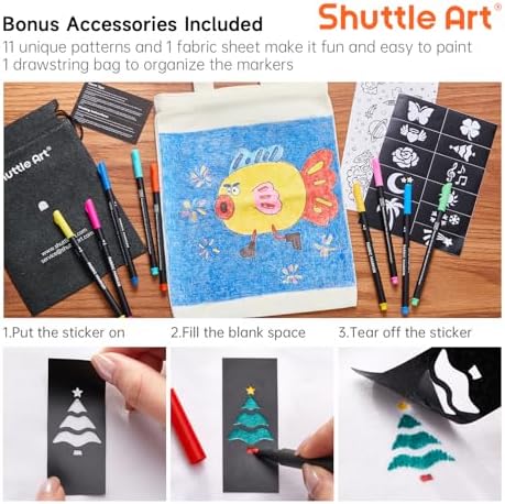 Shuttle Art Fabric Markers, 36 Colors, Fine Tip, with 11 Stencils