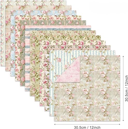 Scrapbook Paper Pad 12×12,Floral Double-Sided Pattern Designer Planner Junk Journal Decorative Craft Paper,Card Making Journaling Origami Decopage Scrapbooking Supplies, 24 Sheets