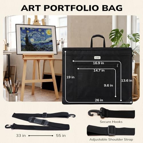 JusArt Art Portfolio Bag, 18x24 Foldable Light Weight Portfolio Folder Case with Adjustable Shoulder Strap, Leather Corners, Waterproof Art Bag for Artists and Adults for Artwork, Poster, Sketching