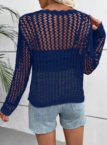 EVALESS Crochet Tops for Women Long Sleeve Hollow Out Knit Sweaters
