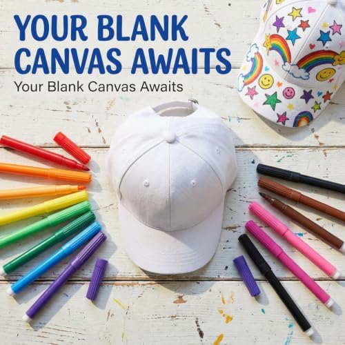 SHINEOFI 12pcs Kids White Baseball Caps Bulk DIY Plain Blank Caps with 12pcs Coloring Pens Painting Hats for Kids Birthday Parties Art Crafts Outdoor Activities