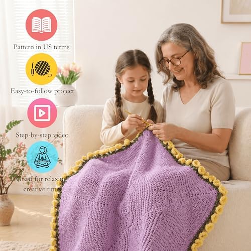 HZYZW Crochet Flower Blanket Kit for Beginners, 40'' Lily of The Valley Bouquet, Blanket Shawl Throw Kits for Adults, How to Knitting with Yarn, Home Decor Gifts for Crocheters (Purple-Yellow Lily)