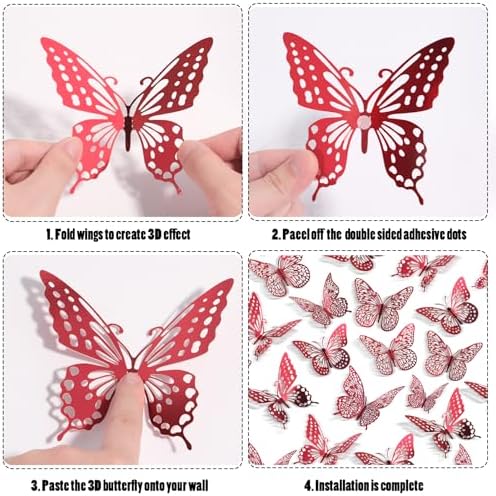 SAOROPEB 3D Butterfly Wall Decor 48 Pcs Blood Red Butterfly Decorations | 4 Styles 3 Sizes, Butterfly Birthday Decorations Butterfly Party Decorations Cake Decorations, Removable Stickers