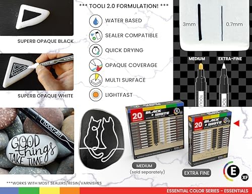 TOOLI-ART Black And White Acrylic Paint Markers Paint Pens Set For Rock Painting, Canvas, Mugs, Metal, Glass Paint, Fabric, Wood, DIY. Non Toxic, Quick Dry,Waterbas (EXTRA FINE)