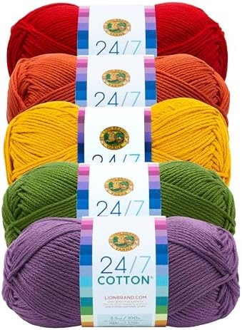 Lion Brand Yarn, 24/7 Cotton Mercerized Lightweight Yarn for Knitting, Crochet, and Crafts, Marquee, 5 Pack, Multicolor Pack of Natural Fiber for Breathable Tops, Durable Bags, and Dish Cloths