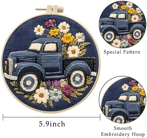 LB 4-Pack Colorful Truck Flower Embroidery Kit for Beginners: Cross Stitch Kit with Green Floral | Adults DIY Starter Kit Includes Embroidery Hoop, Colorful Threads, Tools and Instructions