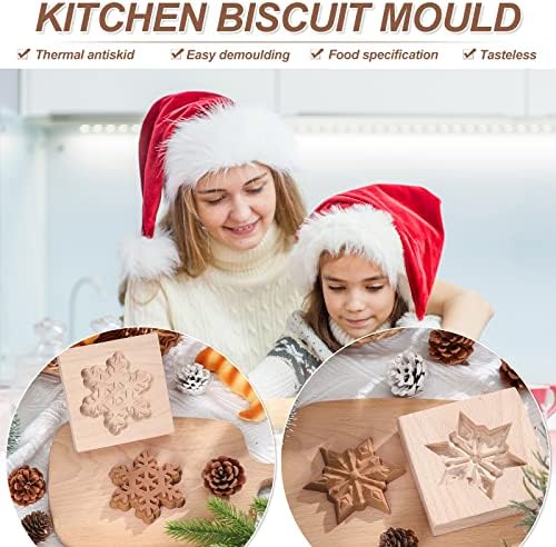 Meanplan Carved Wooden Cookie Mold, Baking Embossing Cookies Stamp Mold Cutter Funny 3D Heart Wood Rose Dessert Tools for Christmas Kitchen DIY Baking Tools(Snowflakes)