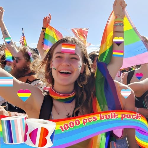 Pride Stickers 1000 PCS, Rainbow Heart & Flag LGBTQ Stickers for Transgender, Lesbian, Bi, Gay, Progress Pride, Pride Month,Parade Accessories, 16 Designs (500 Pieces Per Roll)