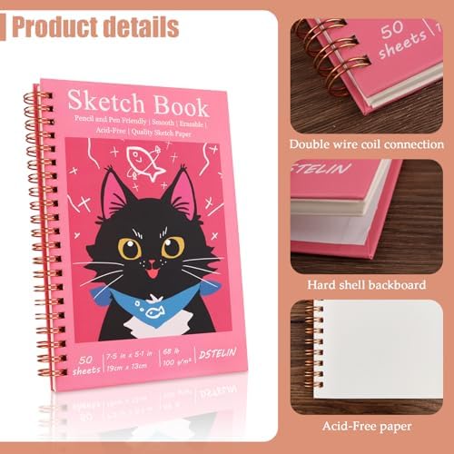 DSTELIN 2 Pack Hardcover Sketchbooks (100 GSM Sketch Paper), 7.5x5.1 Inch Spiral Sketch Book for Sketching, Drawing, Painting, 50 Sheets per Pack, Red and Yellow