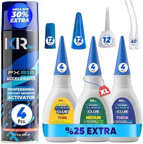 CA Glue with Activator Kit – 12 x 1.75 oz (Thin, Medium, Thick) + 4X 16.9 fl oz Accelerator Spray, Cyanoacrylate Super Glue for Woodworking, 3D Printing, Plastic, Guitar Repair & Hobby Projects