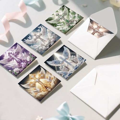 6 Pack Diamond Painting Greeting Cards with Envelopes, DIY 5D Diamond Art Card Kit Winged Cross Designs, 30x15cm Handmade Religious Cards Crafts for Spiritual Blessings and Faithful Greetings
