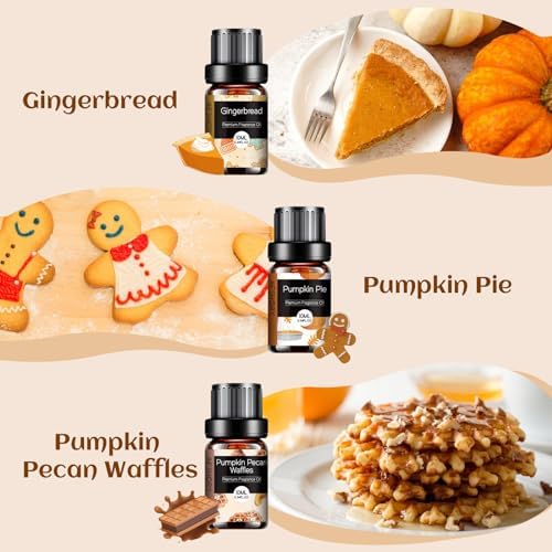 Bakery Essential Oils Set - Fragrance Oil for Diffusers for Home, Candle Making - Pumpkin Pie, Coffee Cake, Gingerbread, Cherry Cheesecake Aromatherapy Scented Oils (6x10ML)