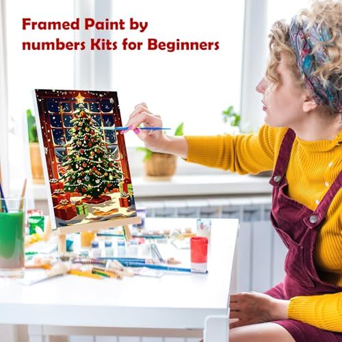 MOGTAA Christmas Paint by Numbers Kit for Adults Beginners with Frame, Christmas Tree Adult Paint by Number Kits on Canvas with Easel, Easy DIY Oil Painting Kits for Home Decor, 8x12in